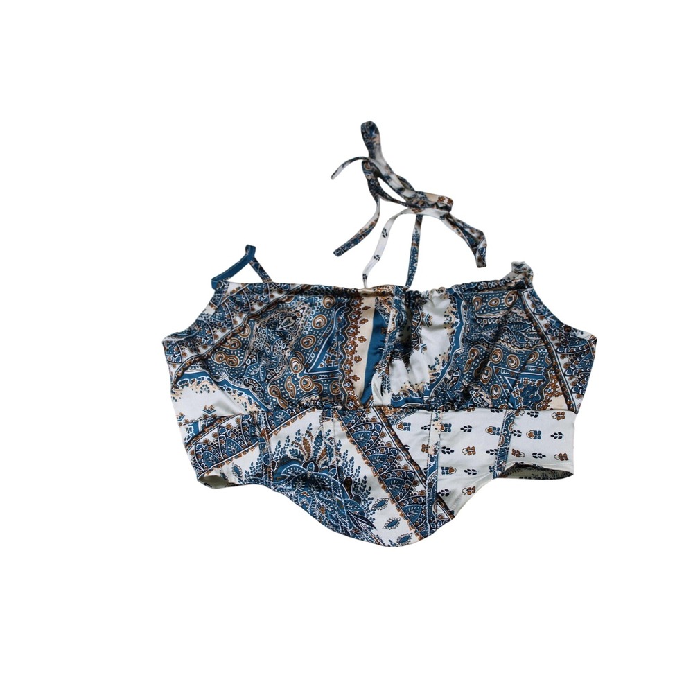 Cider Paisley Halter Corset Top S Blue White Pointed Hem Boho Festival Y2K